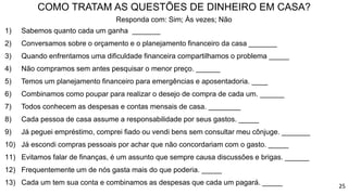 COMO TRATAM AS QUESTÕES DE DINHEIRO EM CASA?
Responda com: Sim; Às vezes; Não
1) Sabemos quanto cada um ganha _______
2) Conversamos sobre o orçamento e o planejamento financeiro da casa _______
3) Quando enfrentamos uma dificuldade financeira compartilhamos o problema _____
4) Não compramos sem antes pesquisar o menor preço. ______
5) Temos um planejamento financeiro para emergências e aposentadoria. ____
6) Combinamos como poupar para realizar o desejo de compra de cada um. ______
7) Todos conhecem as despesas e contas mensais de casa. ________
8) Cada pessoa de casa assume a responsabilidade por seus gastos. _____
9) Já peguei empréstimo, comprei fiado ou vendi bens sem consultar meu cônjuge. _______
10) Já escondi compras pessoais por achar que não concordariam com o gasto. _____
11) Evitamos falar de finanças, é um assunto que sempre causa discussões e brigas. ______
12) Frequentemente um de nós gasta mais do que poderia. _____
13) Cada um tem sua conta e combinamos as despesas que cada um pagará. _____ 25
 
