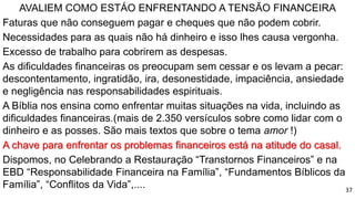 AVALIEM COMO ESTÁO ENFRENTANDO A TENSÃO FINANCEIRA
Faturas que não conseguem pagar e cheques que não podem cobrir.
Necessidades para as quais não há dinheiro e isso lhes causa vergonha.
Excesso de trabalho para cobrirem as despesas.
As dificuldades financeiras os preocupam sem cessar e os levam a pecar:
descontentamento, ingratidão, ira, desonestidade, impaciência, ansiedade
e negligência nas responsabilidades espirituais.
A Bíblia nos ensina como enfrentar muitas situações na vida, incluindo as
dificuldades financeiras.(mais de 2.350 versículos sobre como lidar com o
dinheiro e as posses. São mais textos que sobre o tema amor !)
A chave para enfrentar os problemas financeiros está na atitude do casal.
Dispomos, no Celebrando a Restauração “Transtornos Financeiros” e na
EBD “Responsabilidade Financeira na Família”, “Fundamentos Bíblicos da
Família”, “Conflitos da Vida”,.... 37
 