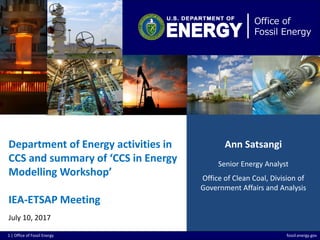 1 | Office of Fossil Energy fossil.energy.gov
Office of
Fossil Energy
Department of Energy activities in
CCS and summary of ‘CCS in Energy
Modelling Workshop’
IEA-ETSAP Meeting
July 10, 2017
Ann Satsangi
Senior Energy Analyst
Office of Clean Coal, Division of
Government Affairs and Analysis
 