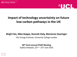 Impact of technology uncertainty on future
low-carbon pathways in the UK
Birgit Fais, Ilkka Keppo, Hannah Daly, Marianne Zeyringer
UCL Energy Institute, University College London
68th Semi-annual ETSAP Meeting
Sophia Antipolis, 22nd – 23rd June 2015
 
