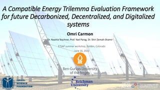 A Compatible Energy Trilemma Evaluation Framework
for future Decarbonized, Decentralized, and Digitalized
systems
Omri Carmon
Dr. Naama Teschner, Prof. Yael Parag, Dr. Shiri Zemah-Shamir
ETSAP summer workshop, Golden, Colorado
June 16, 2023
 