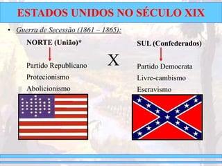 ESTADOS UNIDOS NO SÉCULO XIX
• Guerra de Secessão (1861 – 1865):
NORTE (União)*
Partido Republicano
Protecionismo
Abolicionismo
X
SUL (Confederados)
Partido Democrata
Livre-cambismo
Escravismo
 