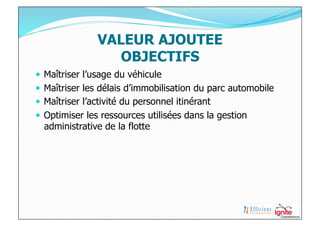 VALEUR AJOUTEE
                 OBJECTIFS
  Maîtriser l’usage du véhicule
  Maîtriser les délais d’immobilisation du parc automobile
  Maîtriser l’activité du personnel itinérant
  Optimiser les ressources utilisées dans la gestion
  administrative de la flotte
 