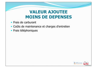 VALEUR AJOUTEE
            MOINS DE DEPENSES
  Frais de carburant
  Coûts de maintenance et charges d’entretien
  Frais téléphoniques
 