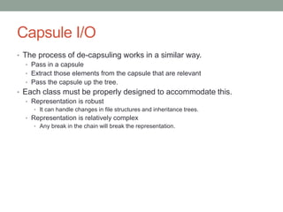 Capsule I/O
• The process of de-capsuling works in a similar way.
• Pass in a capsule
• Extract those elements from the capsule that are relevant
• Pass the capsule up the tree.
• Each class must be properly designed to accommodate this.
• Representation is robust
• It can handle changes in file structures and inheritance trees.
• Representation is relatively complex
• Any break in the chain will break the representation.
 