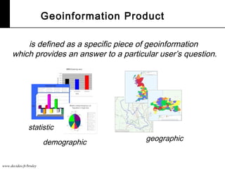 www.decideo.fr/bruley
statistic
demographic geographic
Geoinformation Product
is defined as a specific piece of geoinformation
which provides an answer to a particular user’s question.
 