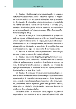 II.	 Resíduos industriais: os provenientes de atividades de pesquisa e
de transformação de matérias-primas e substâncias orgânicas ou inorgâni-
cas em novos produtos, por processos específicos, bem como os provenien-
tes das atividades de mineração e extração, de montagem e manipulação
de produtos acabados e aqueles gerados em áreas de utilidade, apoio,
depósito e de administração das indústrias e similares, inclusive resíduos
provenientes de Estações de Tratamento de Água - ETAs e Estações de Tra-
tamento de Esgoto - ETEs;
III.	 Resíduos de serviços de saúde: os provenientes de qualquer uni-
dade que execute atividades de natureza médico-assistencial humana ou
animal; os provenientes de centros de pesquisa, desenvolvimento ou expe-
rimentação na área de farmacologia e saúde; medicamentos e imunoterá-
picos vencidos ou deteriorados; os provenientes de necrotérios, funerárias
e serviços de medicina legal; e os provenientes de barreiras sanitárias;
IV.	 Resíduos de atividades rurais: os provenientes da atividade agro-
pecuária, inclusive os resíduos dos insumos utilizados;
V.	 Resíduos provenientes de portos, aeroportos, terminais rodoviá-
rios e ferroviários, postos de fronteira e estruturas similares: os resíduos
sólidos de qualquer natureza provenientes de embarcação, aeronave ou
meios de transporte terrestre, incluindo os produzidos nas atividades de
operação e manutenção, os associados às cargas e aqueles gerados nas
instalações físicas ou áreas desses locais;
VI.	 Resíduos da construção civil: os provenientes de construções, re-
formas, reparos e demolições de obras de construção civil, e os resultantes
da preparação e da escavação de terrenos, tais como: tijolos, blocos cerâ-
micos, concreto em geral, solos, rochas, metais, resinas, colas, tintas, madei-
ras, compensados, forros e argamassas, gesso, telhas, pavimento asfáltico,
vidros, plásticos, tubulações e fiação elétrica, comumente chamados de
entulhos de obras, caliça ou metralha.
Os resíduos sólidos são divididos em classes, segundo seu potencial
degradador do meio ambiente, de acordo com a definição instituída pela
132 GESTÃO AMBIENTAL
 