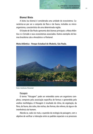 89
Bioma/ Biota
A biota (ou bioma) é considerada uma unidade do ecossistema. Ca-
racteriza-se por ser o conjunto da flora e da fauna, incluídos os micro-
organismos, característico de uma determinada região.
O Estado de São Paulo apresenta dois biomas principais: a Mata Atlân-
tica e o Cerrado e seus ecossistemas associados. Outros exemplos de bio-
mas brasileiros são a Amazônia e o Pantanal.
Paisagem
O termo “Paisagem” pode ser entendido como um organismo com-
plexo, composto pela associação específica de formas e apreendida pela
análise morfológica. A Paisagem é resultado do clima, da vegetação, da
flora, da fauna, dos solos, das rochas, das formas, dos relevos, da água e da
interferência do homem.
Aborda-se, cada vez mais, a questão da ecologia da paisagem, com o
objetivo de verificar a interação entre os padrões espaciais e os processos
Mata Atlântica - Parque Estadual de Ilhabela, São Paulo.
Foto: Instituto Florestal
4. CONCEITOS E INSTRUMENTOS
PARA A GESTÃO AMBIENTAL
 