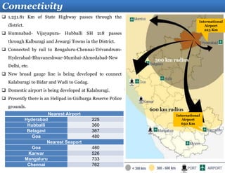 Connectivity
 1,251.81 Km of State Highway passes through the
district.
 Humnabad- Vijayapura- Hubballi SH 218 passes
through Kalburagi and Jewargi Towns in the District.
 Connected by rail to Bengaluru-Chennai-Trivandrum-
Hyderabad-Bhuvaneshwar-Mumbai-Ahmedabad-New
Delhi, etc.
 New broad gauge line is being developed to connect
Kalaburagi to Bidar and Wadi to Gadag.
 Domestic airport is being developed at Kalaburagi.
 Presently there is an Helipad in Gulbarga Reserve Police
grounds.
International
Airport
225 Km
International
Airport
650 Km
Nearest Airport
Hyderabad 225
Hubballi 360
Belagavi 367
Goa 480
Nearest Seaport
Goa 480
Karwar 526
Mangaluru 733
Chennai 762
 