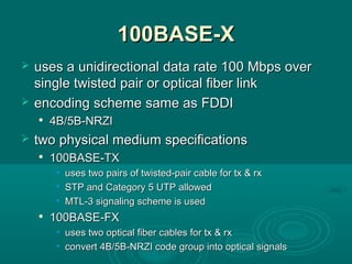 100BASE-X100BASE-X
 uses a unidirectionaluses a unidirectional data rate 100 Mbps overdata rate 100 Mbps over
single twisted pair or optical fiber linksingle twisted pair or optical fiber link
 encodingencoding schemescheme same assame as FDDIFDDI

4B/5B-NRZI4B/5B-NRZI
 twotwo physical medium specificationsphysical medium specifications

100BASE-TX100BASE-TX
• uses twouses two pairs of twisted-pair cable for tx & rxpairs of twisted-pair cable for tx & rx
• STP and Category 5 UTP allowedSTP and Category 5 UTP allowed
• MTL-3 signaling scheme is usedMTL-3 signaling scheme is used

100BASE-FX100BASE-FX
• uses twouses two optical fiber cables for tx & rxoptical fiber cables for tx & rx
• convertconvert 4B/5B-NRZI code group into optical signals4B/5B-NRZI code group into optical signals
 