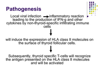 Pathogenesis

Local viral infection inflammatory reaction
leading to the production of IFN-g and other
cytokines by non-thyroid-specific infiltrating immune
cells
will induce the expression of HLA class II molecules on
the surface of thyroid follicular cells.
Subsequently, thyroid specific T-cells will recognize
the antigen presented on the HLA class II molecules
and will be activated
 
