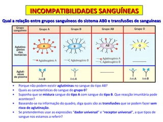 INCOMPATIBILIDADES SANGUÍNEAS Qual a relação entre grupos sanguíneos do sistema AB0 e transfusões de sanguíneas Porque não podem existir  aglutininas  no sangue do tipo AB? Quais as características do sangue do  grupo 0 ? Suponha que se  mistura  sangue do  tipo   A  com sangue do  tipo B . Que reacção imunitária pode acontecer? Baseando-se na informação do quadro, diga quais são as  transfusões  que se podem fazer  sem   risco de aglutinação . Se pretendermos usar as expressões “ dador universal ” e “ receptor universal ”, a que tipos de sangue nos estamos a referir? 