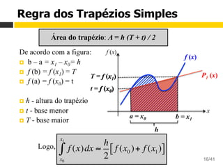 Aula 16 – Integração Numérica
Cálculo Numérico 16/41
Regra dos Trapézios Simples
f (x)dx ≈
h
2
f (x0 )+ f (x1)[ ]
x0
x1
∫
T = f (x1)
t = f (x0)
a = x0 b = x1
f (x)
P1 (x)
x
f (x)
h
f (x0)
f (x1)
Área do trapézio: A = h (T + t) / 2
De acordo com a figura:
¤  b – a = x1 – x0= h
¤  f (b) = f (x1) = T
¤  f (a) = f (x0) = t
¤  h - altura do trapézio
¤  t - base menor
¤  T - base maior
Logo,
 