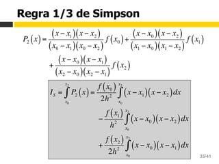 Aula 16 – Integração Numérica
Cálculo Numérico 35/41
Regra 1/3 de Simpson
P2 x( )=
x − x1( ) x − x2( )
x0 − x1( ) x0 − x2( )
f x0( )+
x − x0( ) x − x2( )
x1 − x0( ) x1 − x2( )
f x1( )
+
x − x0( ) x − x1( )
x2 − x0( ) x2 − x1( )
f x2( )
IS = P2 x( )
x0
x2
∫ =
f x0( )
2h2
x − x1( ) x − x2( )dx
x0
x2
∫
−
f x1( )
h2
x − x0( ) x − x2( )dx
x0
x2
∫
+
f x2( )
2h2
x − x0( ) x − x1( )dx
x0
x2
∫
 