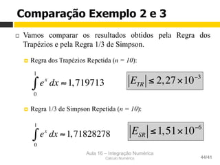 Aula 16 – Integração Numérica
Cálculo Numérico 44/41
Comparação Exemplo 2 e 3
¨  Vamos comparar os resultados obtidos pela Regra dos
Trapézios e pela Regra 1/3 de Simpson.
¤  Regra dos Trapézios Repetida (n = 10):
¤  Regra 1/3 de Simpson Repetida (n = 10):
ex
dx
0
1
∫ ≈1,719713 ETR ≤ 2,27×10−3
ex
dx
0
1
∫ ≈1,71828278 ESR ≤1,51×10−6
 