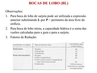 Observações:
1. Para boca de lobo de sarjeta pode ser utilizada a expressão
anterior substituindo L por P = perímetro da área livre do
orifício.
2. Para boca de lobo mista, a capacidade hídrica é a soma das
vazões calculadas para a guia e para a sarjeta.
3. Fatores de Redução:
BOCAS DE LOBO (BL)
 