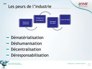 Les peurs de l’industrie
Infogérance
Sauvegarde
Vente de
systèmes

Cloud & SaaS
Managed
Services

Dématérialisation
Déshumanisation
Décentralisation
Déresponsabilisation
Vers l’harmonie des Services
26 nov. 2013 – Cœur Défense 92

Jack Mandard – compuBase PartnerVIP

17

 