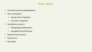 План урока
• Ключевое различие фреймворков
• Типы интеграции:
• Spring-centric integration
• JSF-centric integration
• Настройка контекста:
• DelegatingVariableResolver
• SpringBeanFacesELResolver
• RequestContextListener
• Spring Faces
• Spring Roo
 