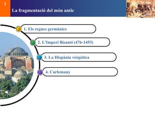 La fragmentació del món antic 
1. Els regnes germànics 
2. L’Imperi Bizantí (476-1453) 
3. La Hispània visigòtica 
4. Carlemany 
1 
 