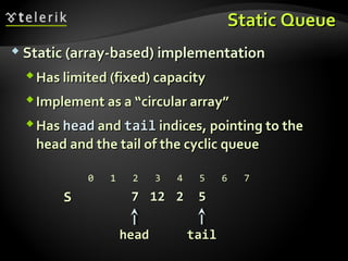 Static QueueStatic Queue
 Static (array-based) implementationStatic (array-based) implementation
Has limited (fixed) capacityHas limited (fixed) capacity
Implement as a “circular array”Implement as a “circular array”
HasHas headhead andand tailtail indices, pointing to theindices, pointing to the
head and the tail of the cyclic queuehead and the tail of the cyclic queue
SS 77 1212 22 55
0 1 2 3 4 5 6 7
headhead tailtail
 