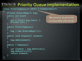 Priority Queue ImplementationPriority Queue Implementation
class PriorityQueue<T> where T:IComparable<T>class PriorityQueue<T> where T:IComparable<T>
{{
private OrderedBag<T> bag;private OrderedBag<T> bag;
publicpublic intint CountCount
{{
get { returnget { return bag.Countbag.Count; }; }
private set{ }private set{ }
}}
public PriorityQueue()public PriorityQueue()
{{
bag = newbag = new OrderedBag<TOrderedBag<T>();>();
}}
public void Enqueue(T element)public void Enqueue(T element)
{{
bag.Add(elementbag.Add(element););
}}
public T Dequeue()public T Dequeue()
{{
var element = bag.GetFirst();var element = bag.GetFirst();
bag.RemoveFirstbag.RemoveFirst();();
return element;return element;
}}
}}
47
Necessary to provideNecessary to provide
comparable elementscomparable elements
 