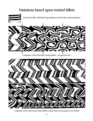 Variations based upon twisted billets
           Seven layer billet with black representing steel and white representing iron.




          Composite of four alternately twisted billets - step ground view




Composite of four alternately twisted billets outside (above) and ground view (below)

                                        -5-
 