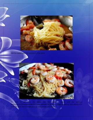 Add the cooked angel hair and toss it in the sauce.
It’s hard to tell from the photo, but the pasta is coated with the delicious
buttery/garlicy/lemony/shrimpy pan juices. And add the pasta in a couple of batches; stop adding it if it
looks like there aren’t enough juices to keep it moist and coated.
 