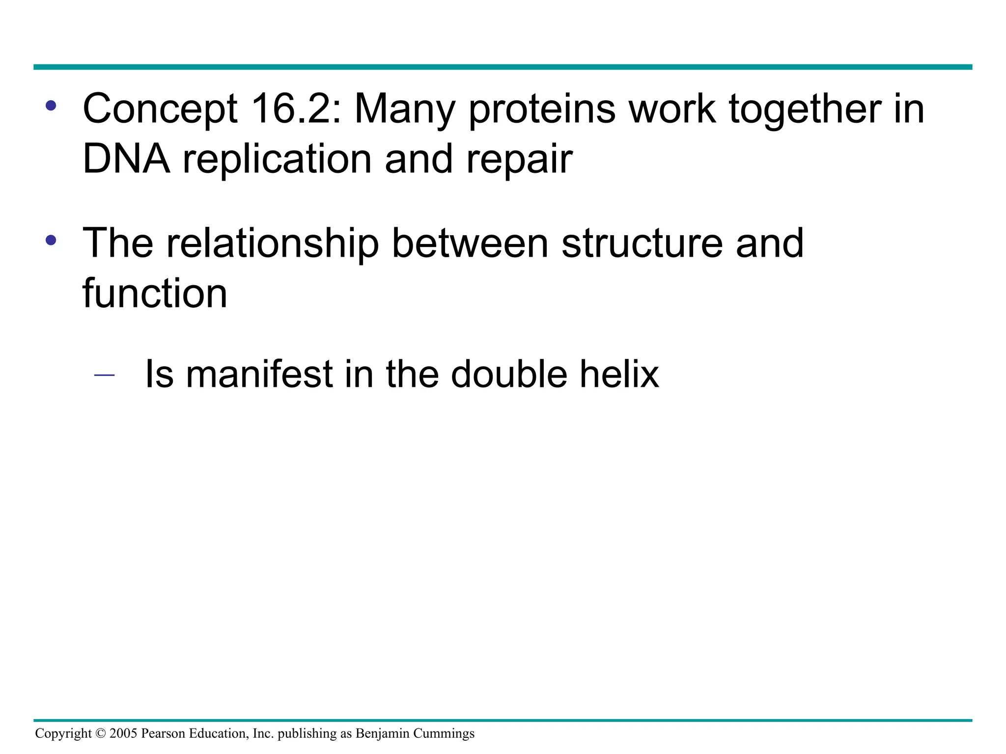 Copyright © 2005 Pearson Education, Inc. publishing as Benjamin Cummings
• Concept 16.2: Many proteins work together in
DNA replication and repair
• The relationship between structure and
function
– Is manifest in the double helix
 