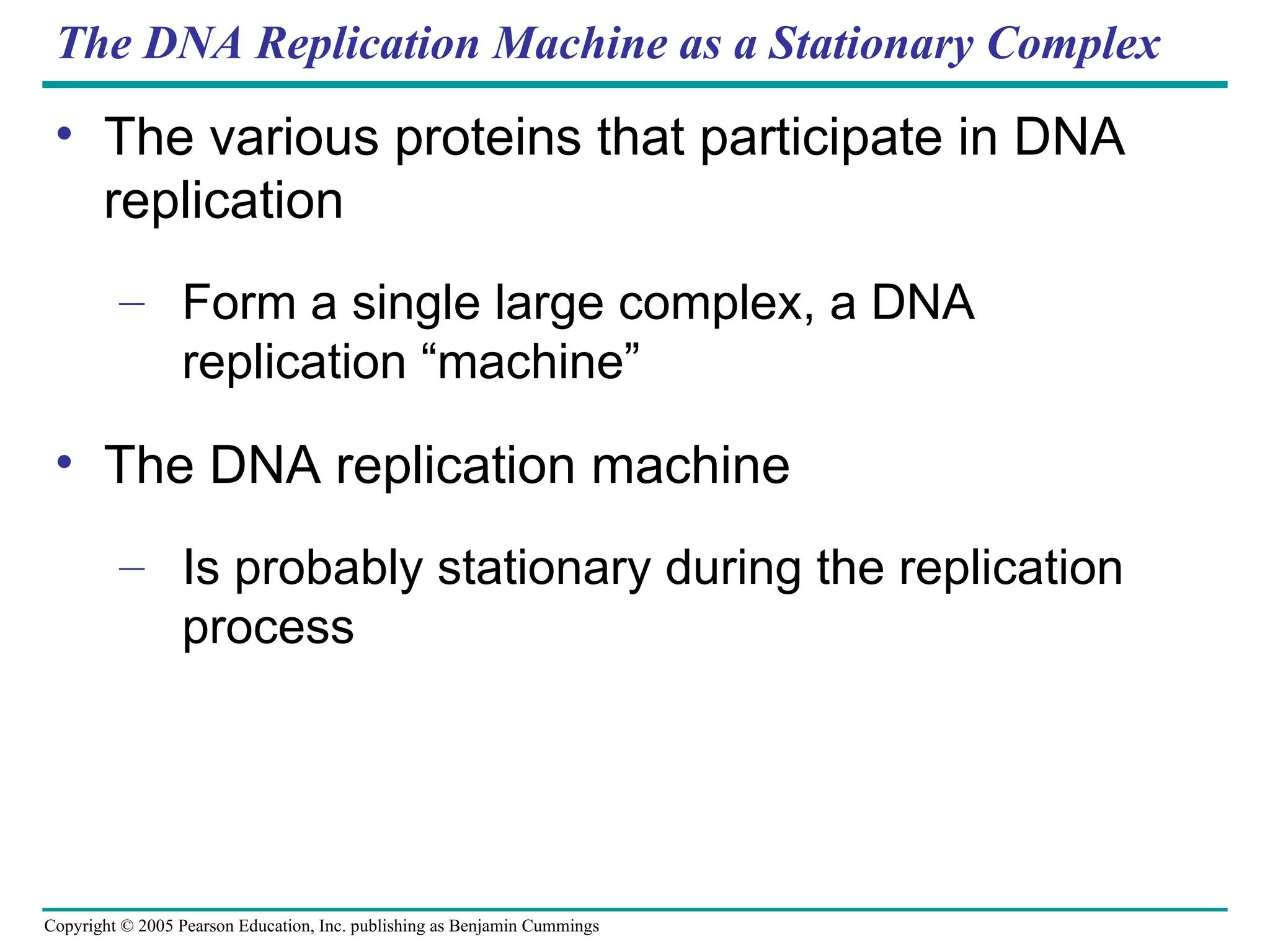 Copyright © 2005 Pearson Education, Inc. publishing as Benjamin Cummings
The DNA Replication Machine as a Stationary Complex
• The various proteins that participate in DNA
replication
– Form a single large complex, a DNA
replication “machine”
• The DNA replication machine
– Is probably stationary during the replication
process
 