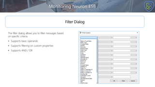 Monitoring Neuron ESB
Filter Dialog
The filter dialog allows you to filter messages based
on specific criteria
• Supports basic operands
• Supports filtering on custom properties
• Supports AND / OR
 