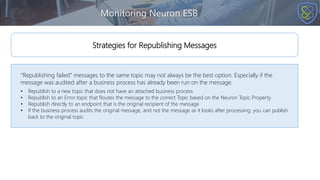 Monitoring Neuron ESB
“Republishing failed” messages to the same topic may not always be the best option. Especially if the
message was audited after a business process has already been run on the message.
• Republish to a new topic that does not have an attached business process
• Republish to an Error topic that Routes the message to the correct Topic based on the Neuron Topic Property
• Republish directly to an endpoint that is the original recipient of the message
• If the business process audits the original message, and not the message as it looks after processing, you can publish
back to the original topic
Strategies for Republishing Messages
 