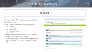 Monitoring Neuron ESB
REST API
Provides a REST API for information regarding
the Neuron instance
• API functions are broken up into 5 categories
• Activity
• Configuration
• Deployment
• Endpoint Health
• Runtime
• Allows users to perform actions without needing
access to the Neuron ESB Explorer
• Provides the ability to make minor modifications to
the configuration for a given instance of Neuron
ESB.
 