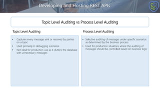 Developing and Hosting REST APIs
Topic Level Auditing
• Captures every message sent or received by parties
on a topic
• Used primarily in debugging scenarios
• Not ideal for production use as it clutters the database
with unnecessary messages
• Selective auditing of messages under specific scenarios
as determined by the business process
• Used for production situations where the auditing of
messages should be controlled based on business logic
Topic Level Auditing vs Process Level Auditing
Process Level Auditing
 