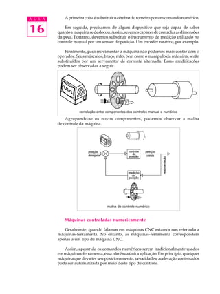 16
A U L A Aprimeiracoisaésubstituirocérebrodotorneiroporumcomandonumérico.
Em seguida, precisamos de algum dispositivo que seja capaz de saber
quantoamáquinasedeslocou.Assim,seremoscapazesdecontrolarasdimensões
da peça. Portanto, devemos substituir o instrumento de medição utilizado no
controle manual por um sensor de posição. Um encoder rotativo, por exemplo.
Finalmente, para movimentar a máquina não podemos mais contar com o
operador. Seus músculos, braço, mão, bem como o manípulo da máquina, serão
substituídos por um servomotor de corrente alternada. Essas modificações
podem ser observadas a seguir.
Agrupando-se os novos componentes, podemos observar a malha
de controle da máquina.
Máquinas controladas numericamente
Geralmente, quando falamos em máquinas CNC estamos nos referindo a
máquinas-ferramenta. No entanto, as máquinas-ferramenta correspondem
apenas a um tipo de máquina CNC.
Assim, apesar de os comandos numéricos serem tradicionalmente usados
emmáquinas-ferramenta,essanãoésuaúnicaaplicação.Emprincípio,qualquer
máquina que deva ter seu posicionamento, velocidade e aceleração controlados
pode ser automatizada por meio deste tipo de controle.
malha de controle numérico
correlação entre componentes dos controles manual e numérico
 