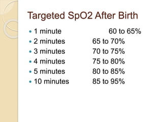 Targeted SpO2 After Birth
 1 minute 60 to 65%
 2 minutes 65 to 70%
 3 minutes 70 to 75%
 4 minutes 75 to 80%
 5 minutes 80 to 85%
 10 minutes 85 to 95%
 