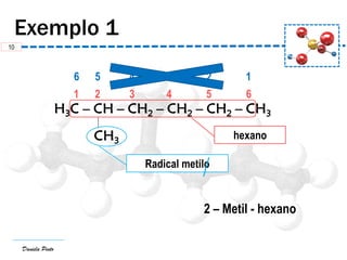 Daniela Pinto
H3C – CH – CH2 – CH2 – CH2 – CH3
CH3
1 2 3 4 5 6
2 – Metil - hexano
10
6 5 4 3 2 1
hexano
Radical metilo
 