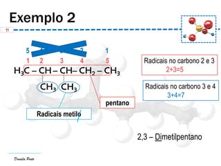 Daniela Pinto
H3C – CH – CH– CH2 – CH3
CH3CH3
2,3 – Dimetilpentano
11
1 2 3 4 5 Radicais no carbono 2 e 3
2+3=5
5 4 3 2 1
Radicais no carbono 3 e 4
3+4=7
pentano
Radicais metilo
 