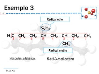 Daniela Pinto
H3C – CH2 – CH2 – CH – CH2 – CH – CH2 – CH3
C2H5
CH3
8 7 6 5 4 3 2 1
5-etil-3-metiloctano
12
Radical metilo
Radical etilo
Por ordem alfabética:
 