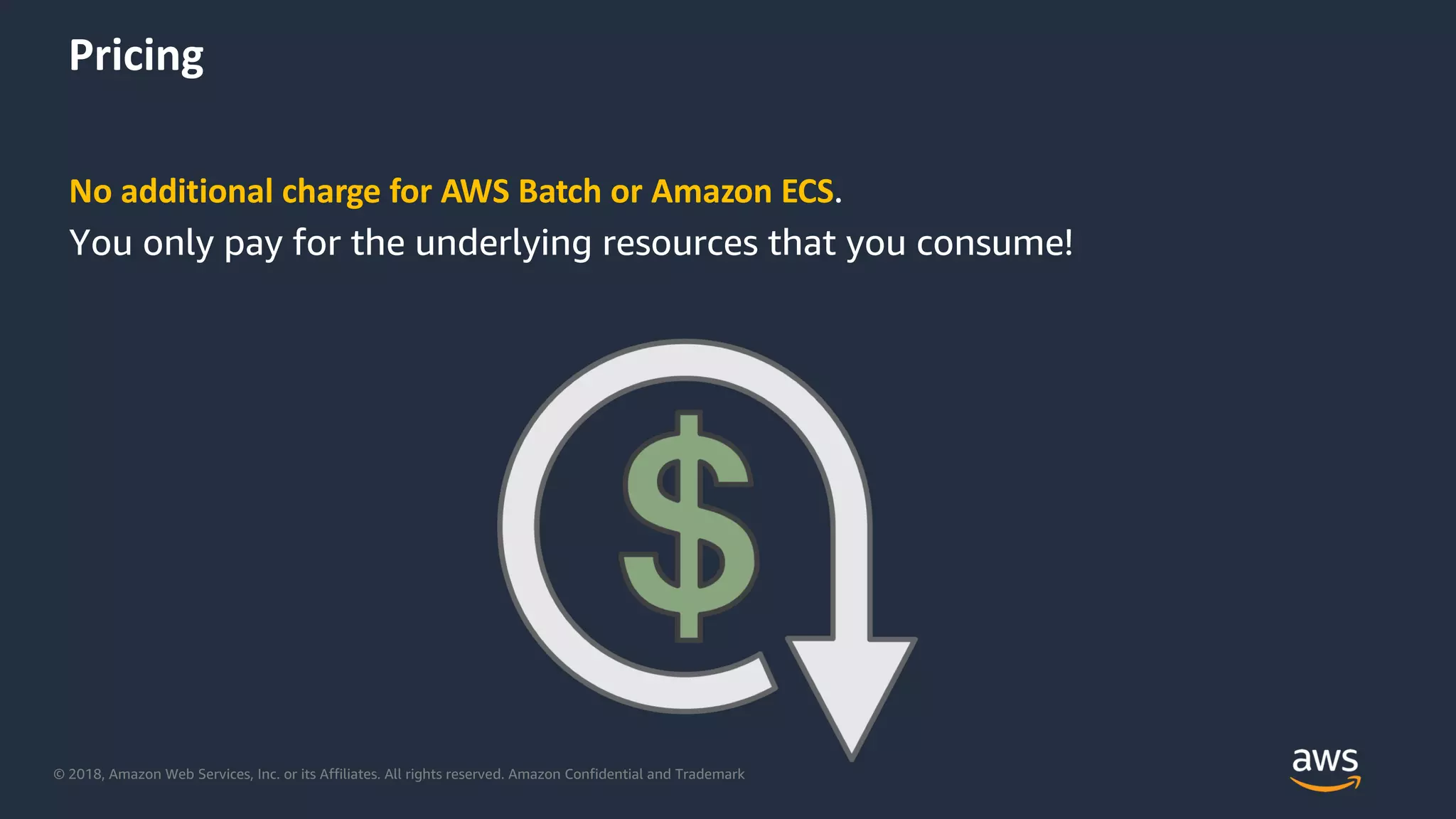 © 2018, Amazon Web Services, Inc. or its Affiliates. All rights reserved. Amazon Confidential and Trademark
No additional charge for AWS Batch or Amazon ECS.
You only pay for the underlying resources that you consume!
Pricing
 