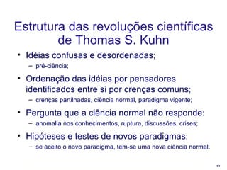 Estrutura das revoluções científicas de Thomas S. Kuhn Idéias confusas e desordenadas ;  pré-ciência; Ordenação das idéias por pensadores identificados entre si por crenças comuns ;  crenças partilhadas, ciência normal, paradigma vigente; Pergunta que a ciência normal não responde : anomalia nos conhecimentos, ruptura, discussões, crises; Hipóteses e testes de novos paradigmas ; se aceito o novo paradigma, tem-se uma nova ciência normal. 