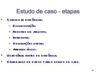 Estudo de caso - etapas Coleta das evidências: Documentação; Registros em arquivos; Entrevistas; Observações diretas; Artefatos físicos. Usar várias fontes de evidência. Criar banco de dados para o estudo de caso. 