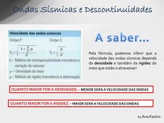 Ondas Sísmicas e Descontinuidades



                                     Pela fórmula, podemos inferir que a
                                     velocidade das ondas sísmicas depende
                                     da densidade e também da rigidez do
                                     meio que estão a atravessar!




QUANTO MAIOR FOR A DENSIDADE – MENOR SERÁ A VELOCIDADE DAS ONDAS


QUANTO MAIOR FOR A RIGIDEZ – MAIOR SERÁ A VELOCIDADE DAS ONDAS


                                                               by Ana Kastro
 