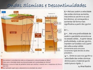 Ondas Sísmicas e Descontinuidades
                       1 – Até aos 100km a velocidade
                       das ondas sísmicas aumenta,
                       mas entre os 100 km e os 200
                       km diminui, só começando a
                       aumentar de forma mais
                       significativa a partir dos 350 km
                       …
                       2 –…
                       3 –… Até uma profundidade de
                       100km o peridotito encontra-se
                       no estado sólido… A partir dessa
                       profundidade, e até aos 350 km,
                       mantém-se fundido e só a partir
                       daí volta a estar sólido
                       (certamente será uma zona
                       novamente rígida devidos às altas
                       pressões!)…
                       4 –… Entre os 100 e os 350 Km a
                       velocidade das ondas sísmicas
                       diminui pois o material que lá
                       está é pouco rígido…!
                                         by Ana Kastro
 