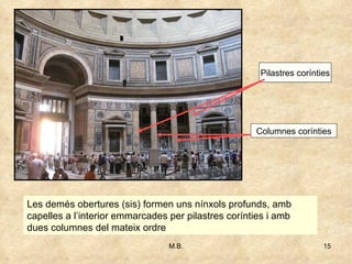Les demés obertures (sis) formen uns nínxols profunds, amb capelles a l’interior emmarcades per pilastres corínties i amb dues columnes del mateix ordre Pilastres corínties Columnes corínties 