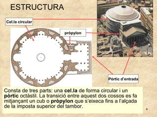 ESTRUCTURA Consta de tres parts: una  cel.la  de forma circular i un  pòrtic  octàstil. La transició entre aquest dos cossos es fa mitjançant un cub o  pròpylon  que s’eixeca fins a l’alçada de la imposta superior del tambor.  Cel.la circular Pòrtic d’entrada pròpylon 