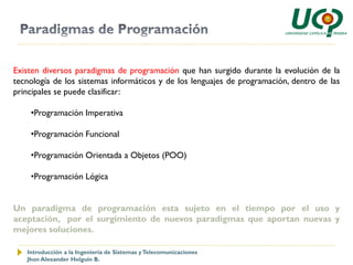 Existen diversos paradigmas de programación que han surgido durante la evolución de la
tecnología de los sistemas informáticos y de los lenguajes de programación, dentro de las
principales se puede clasificar:

    •Programación Imperativa

    •Programación Funcional

    •Programación Orientada a Objetos (POO)

    •Programación Lógica


Un paradigma de programación esta sujeto en el tiempo por el uso y
aceptación, por el surgimiento de nuevos paradigmas que aportan nuevas y
mejores soluciones.

   Introducción a la Ingeniería de Sistemas y Telecomunicaciones
   Jhon Alexander Holguín B.
 