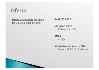     Oferta acumulada até maio       MARÇO 2012
     de 2 a 3% acima de 2011
                                     Assocon 2012
                                      ◦  1º Lev - + 15%

                                     IMEA
                                      ◦  + 15%

                                     Contratos em Aberto BMF
                                      ◦  Outubro 11.751 (215 mil cab)
 