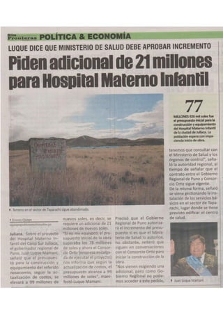 16   piden adicional de 21 millones para hospital materno infantil