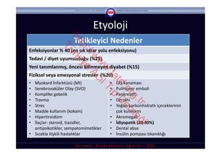 Etyoloji


                   ht rk
                      Tetikleyici Nedenler



                     tp iye
               Tü
Enfeksiyonlar % 40 (en sık idrar yolu enfeksiyonu)




                       ://
                          w Ac
Tedavi / diyet uyumsuzluğu (%25)




                           w il
Yeni tanımlanmış, öncesi bilinmeyen diyabet (%15) 




                            w T
                             .ta ıp
Fiziksel veya emesyonal stresler  (%20)




                                td D
• Myokard İnfarktüsü (MI)                          •   GIS kanaması




                                  .o er
• Serebrovaküler Olay (SVO)                        •   Pulmoner emboli
• Komplike gebelik                                 •   Pankreatit 




                                    rg ne
• Travma                                           •   Cerrahi




                                      .tr ğ
• Stres                                            •   Yoğun karbonhidratlı içeceklerinin 
• Madde kullanım (kokain)                              çok kullanımı
• Hipertiroidizm                                   •   Akromegali
• İlaçlar: steroid, tiazidler,                     •   İdiyopatik (20‐30%)


                                            i
  antipsikotikler, sempatomimetikler               •   Dental abse
• Sıcakla ilişkili hastalıklar                     •   İnsülin pompası tıkanıklığı

                       A s i s t a n     O r y a n t a s y o n    E ğ i t i m i  ‐ 2012
 