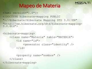 Mapeo de Materia
<?xml version="1.0"?>
<!DOCTYPE hibernate-mapping PUBLIC
"-//Hibernate/Hibernate Mapping DTD 3.0//EN"
"http://ww.hibernate.org/dtd/hibernate-mapping-
3.0.dtd">
<hibernate-mapping>
<class name="Materia" table="MATERIA">
<id name="id">
<generator class="identity" />
</id>
<property name="nombre" />
</class>
</hibernate-mapping>
 